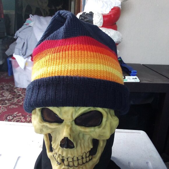 Vintage 80s Smiley Stiped Wool Winter Ski Hat Beanie - Picture 1 of 8